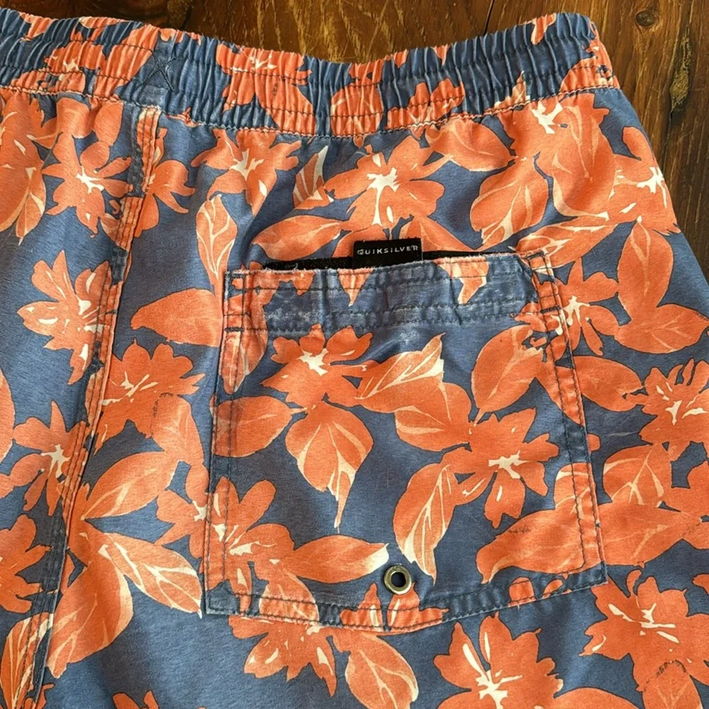 Quiksilver Blue and Orange Floral Swim Board Shorts